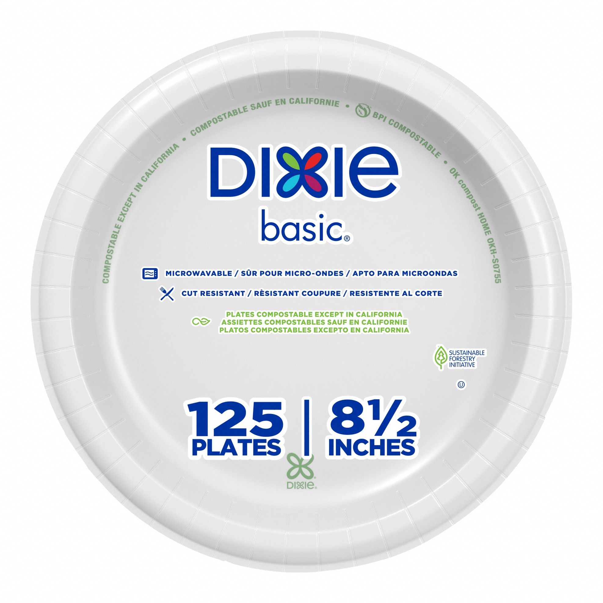 Disposable Paper Plate: White, Light-Wt, 8 1/2 in Disposable Plate Size, 500 PK