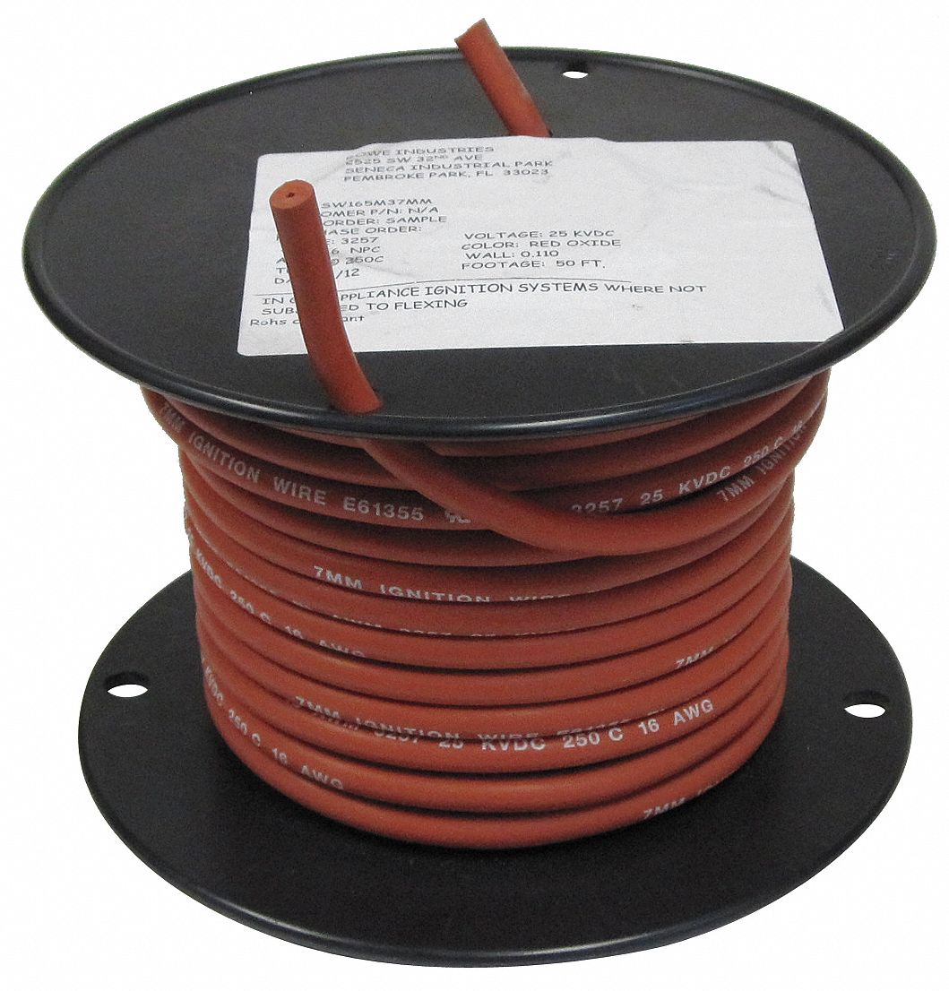 High-Voltage Lead Wire: 18 AWG Wire Size, Red, 50 ft Lg, Silicone Oxide