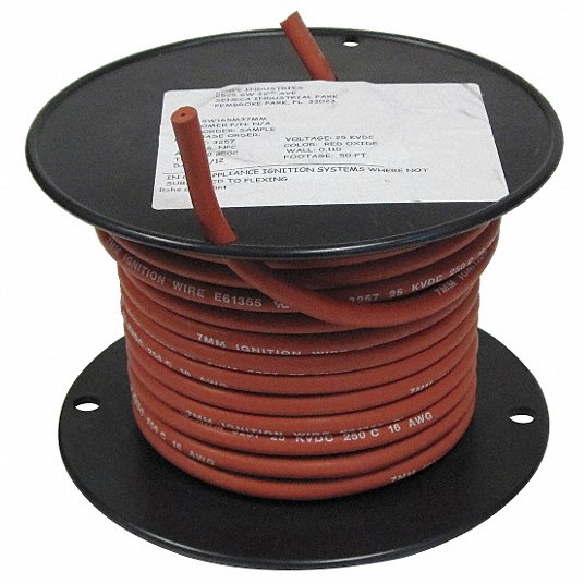 High-Voltage Lead Wire: 18 AWG Wire Size, Red, 50 ft Lg, Silicone Oxide