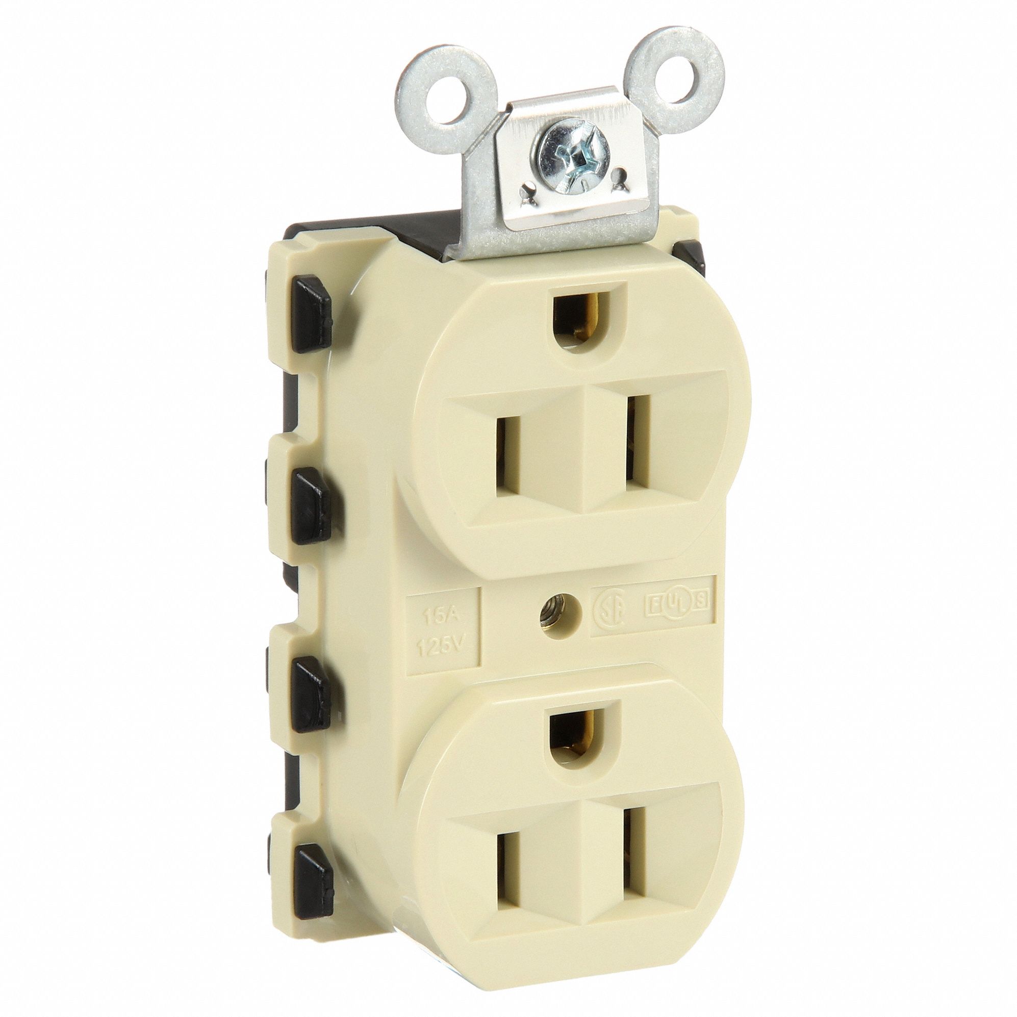 Receptacle: Duplex, Ivory, 5-15R, 15 A, 125V AC, 2 Pole / 3 Wire, Screw Terminals