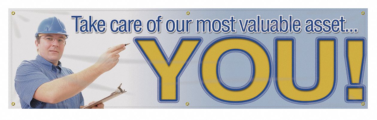 Safety Banner: Poly Sheeting, 28 in x 96 in Nominal Sign Size, Indoor/Outdoor, 1 Printed Sides