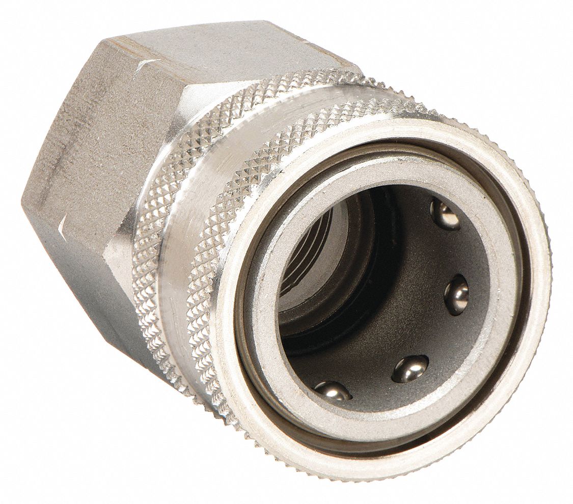 HYDRAULIC QUICK CONNECT HOSE COUPLING, ⅜ IN COUPLING SIZE, 303 STAINLESS STEEL, FEMALE NPTF