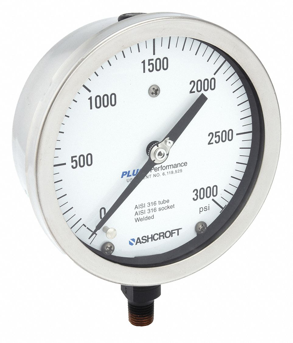 Industrial Pressure Gauge: 0 psi / Hg to 3, 000 psi, 4 1/2 in Dial, 1/4 in NPT Male, Bottom