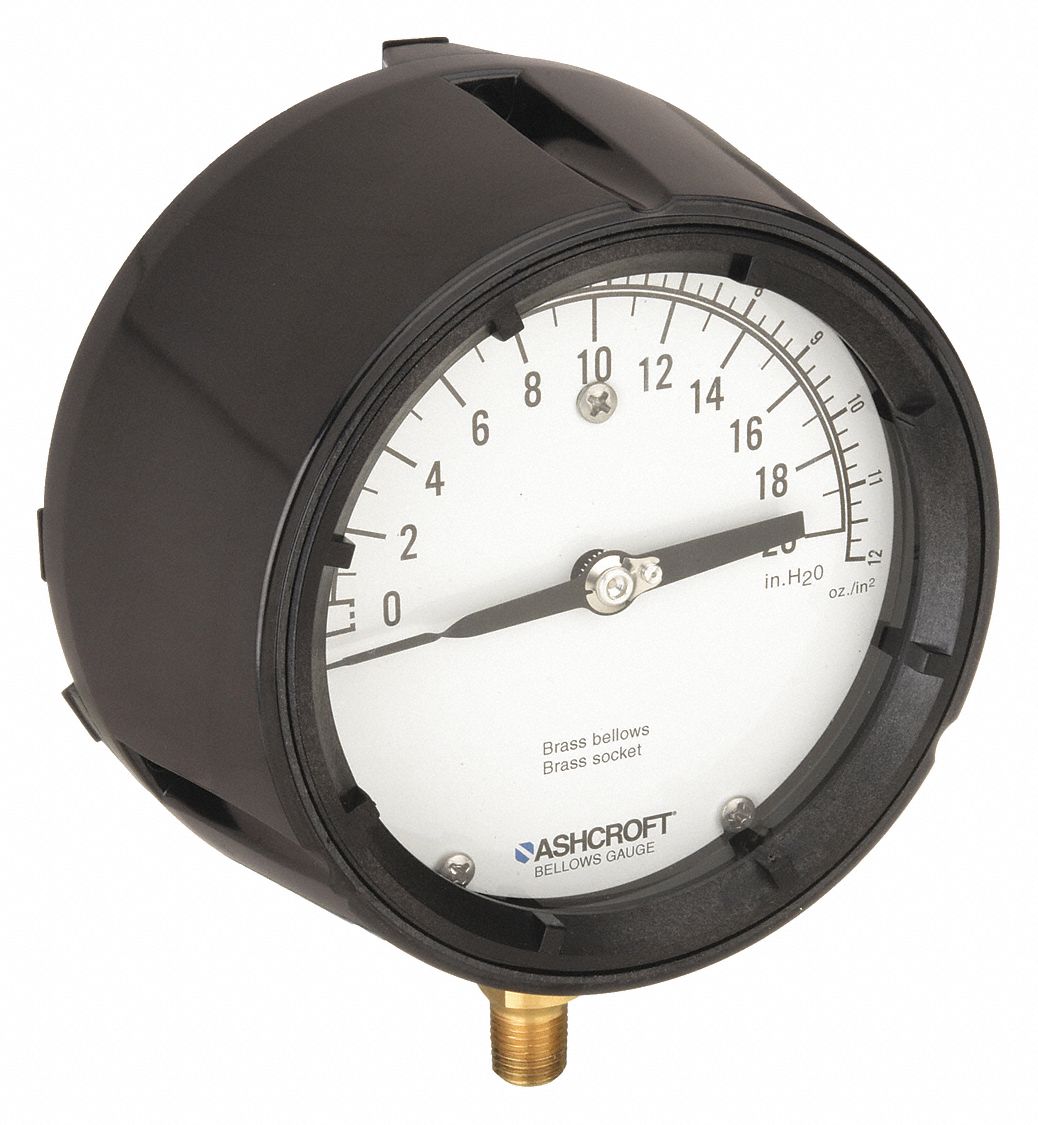 PRESSURE GAUGE,LOW,4-1/2 IN.,1/4 IN. NPT