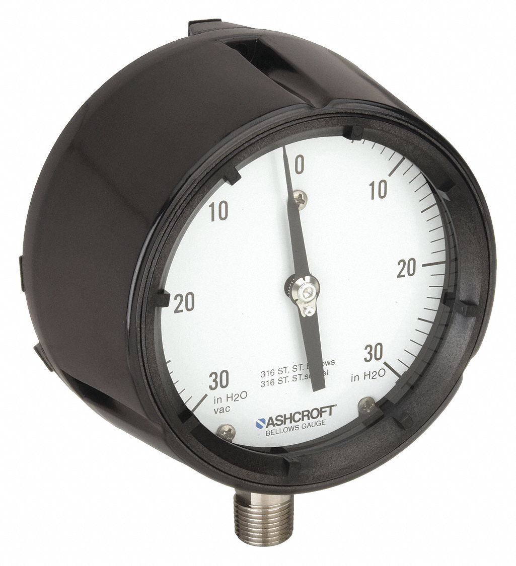 PRESSURE GAUGE,LOW,4-1/2 IN.,1/2 IN. NPT