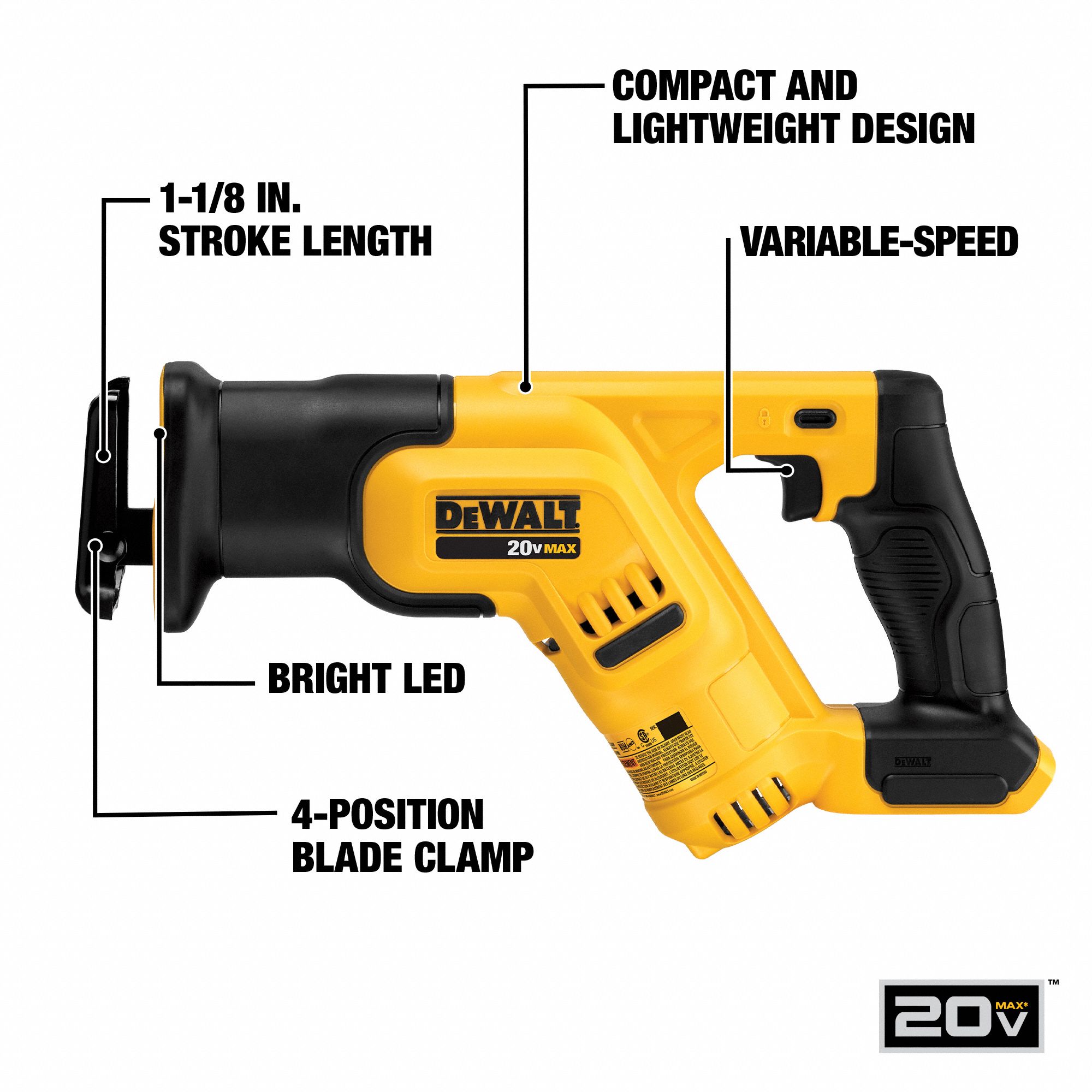 DEWALT Compact, Reciprocating Saw, 1 1/8 in Stroke Length, 2,900 Max