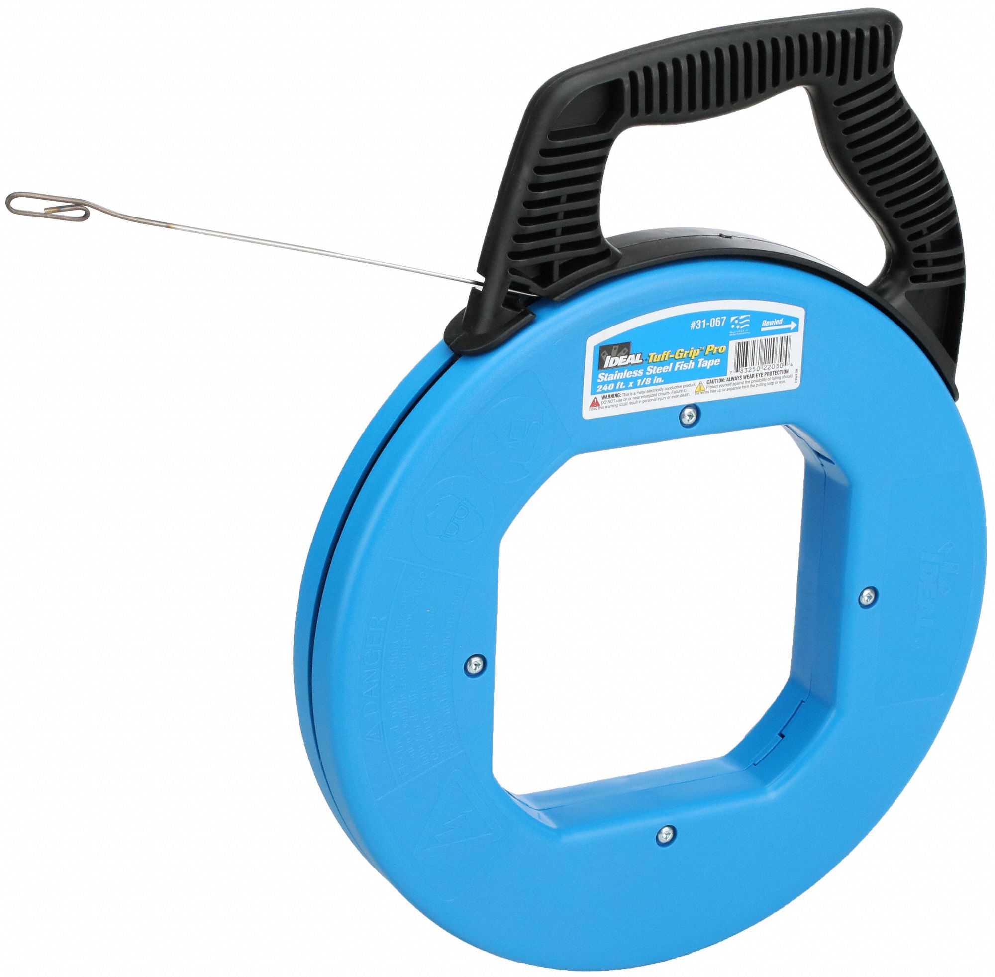 Marked Fish Tape: 240 ft Lg, Manual Wind Tape Retraction, Flat Tape Shape, 12 in Case Dia