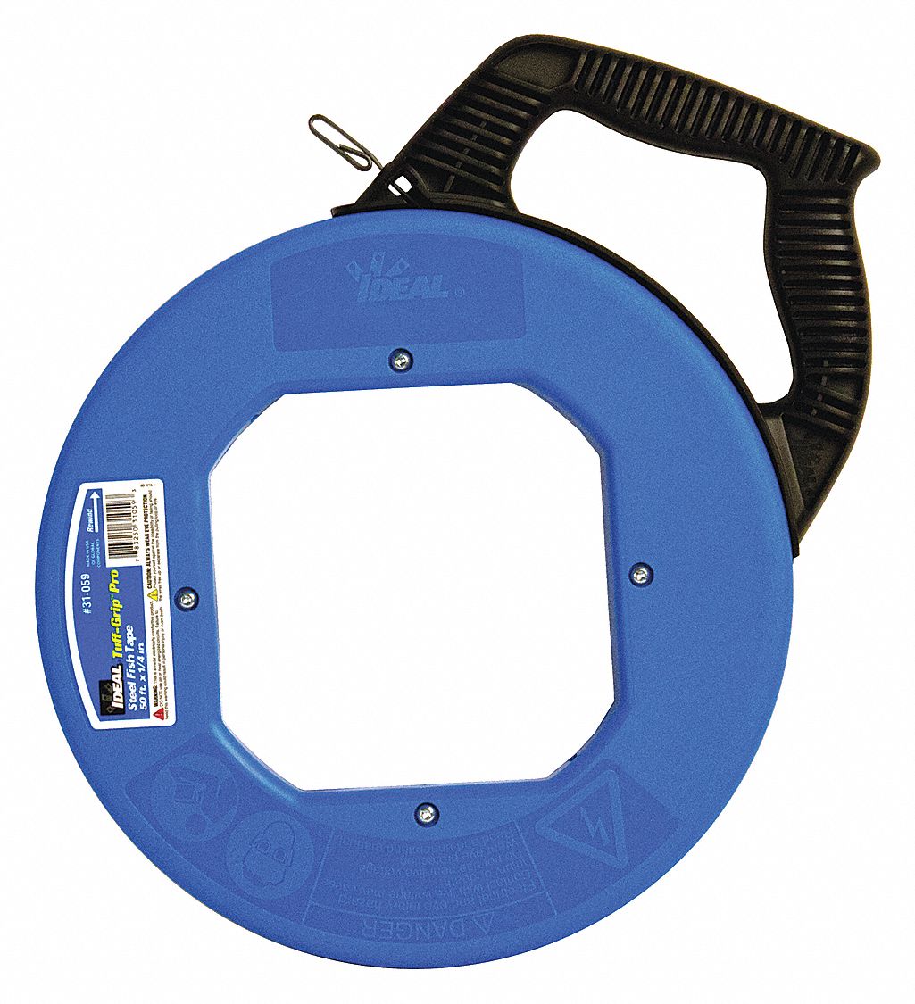 FISH TAPE, 50 FT L, MANUAL WIND TAPE RETRACTION, 1,600 LB TENSILE STRENGTH, FLAT TAPE SHAPE