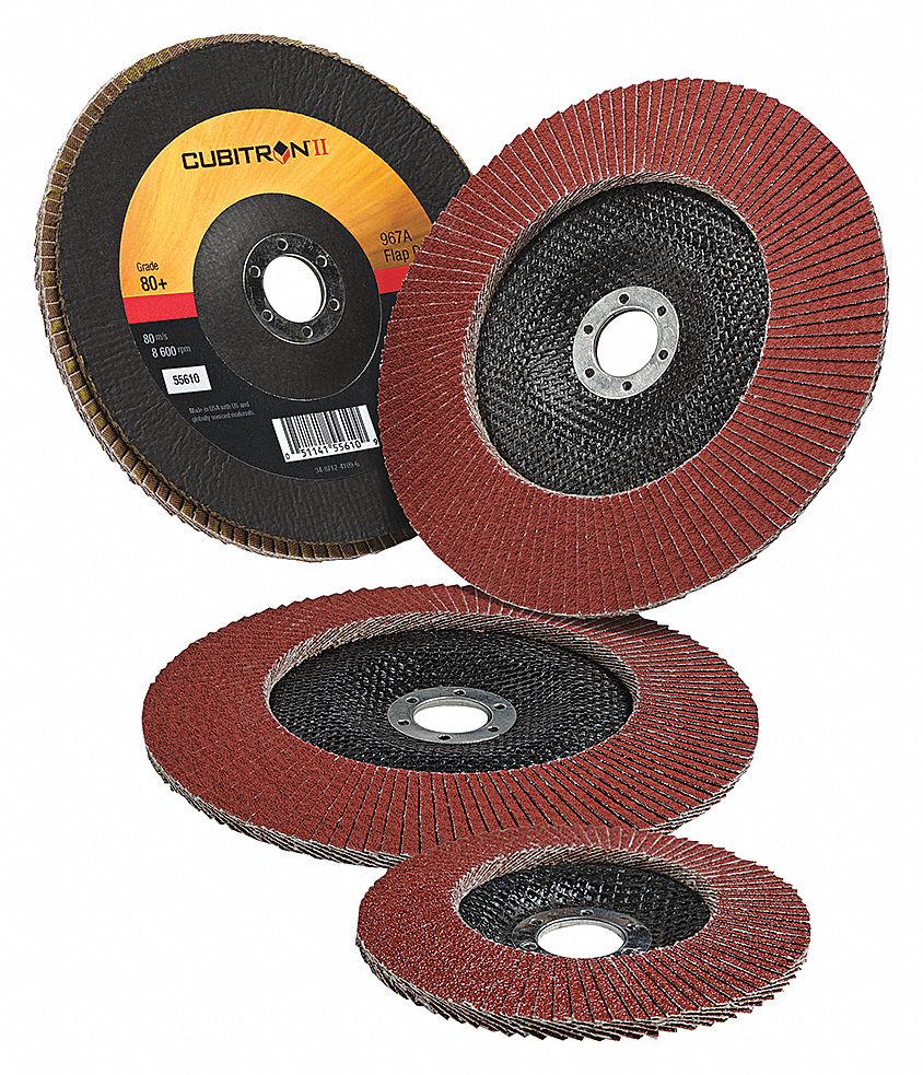 FLAP SANDING DISC, SERIES 967A, TYPE 29, 60 GRIT, MED, BLK/ORNG, 5 X 7/8 IN, CERAMIC, CLOTH