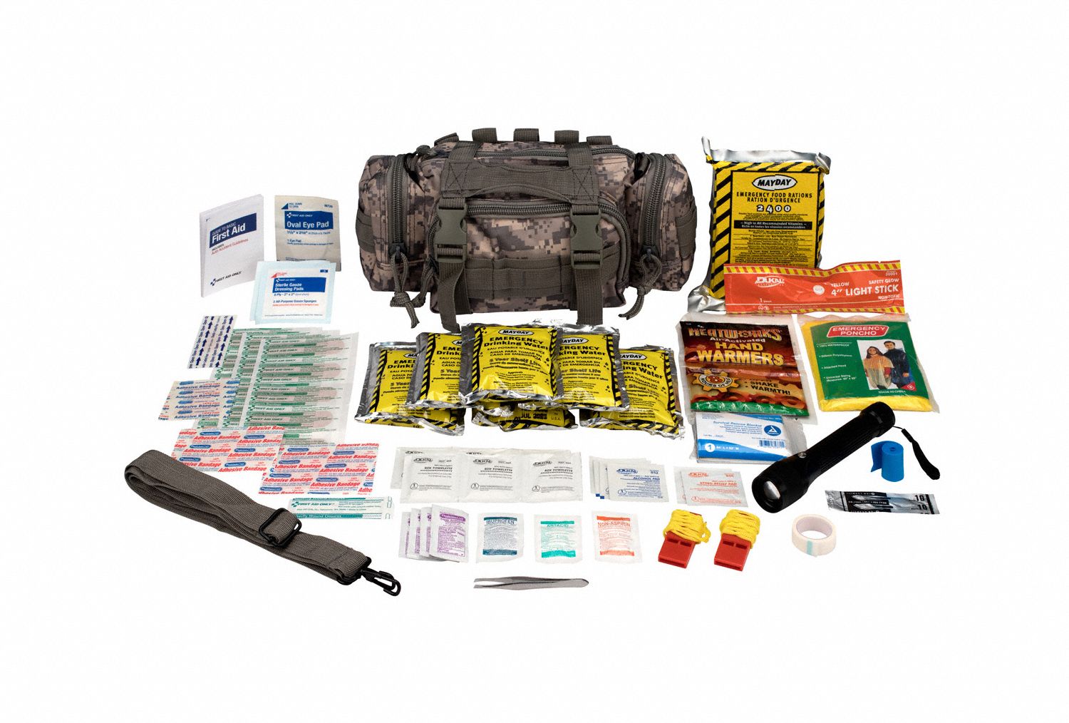 Survival Kit: 73 Components, 1, Digital Camouflage, 6 in Ht, 12 in Wd, 5 in Lg