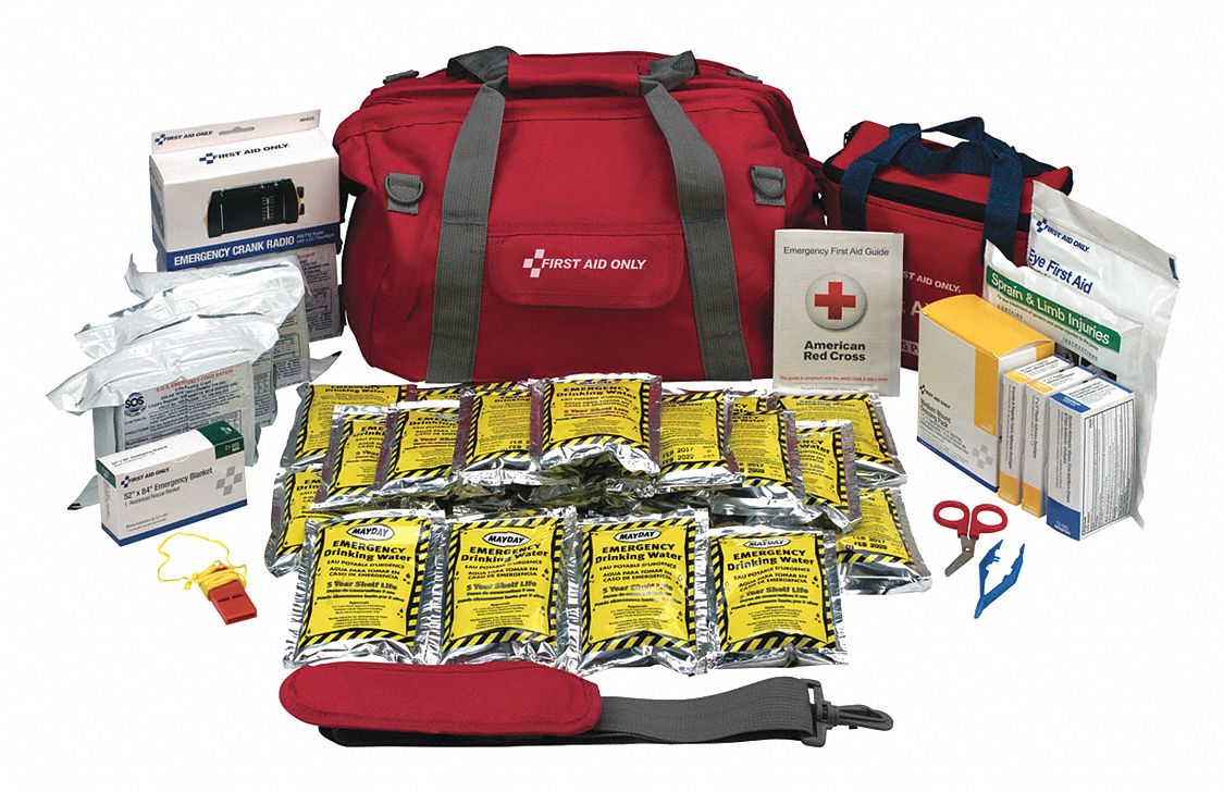 Survival Kit,  Number of Components 144,  People Served 24,  Red,  8 in Height,  14 in Width