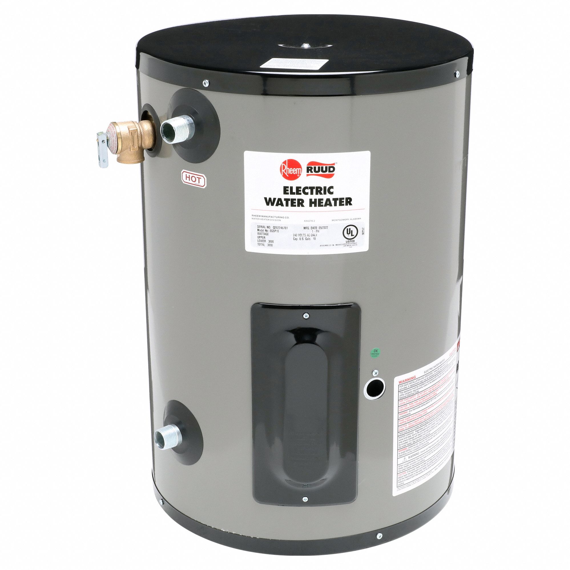 Electric Water Heater: 240V, 10 gal, 3, 000 W, Single Phase, 22.87 in Ht, 30 gph @ 40°F