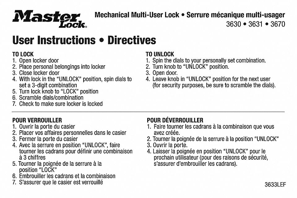 USER INSTRUCTION MAGNET, MULTI-USER LOCK, ENGLISH/FRENCH, ENGLISH/SPANISH