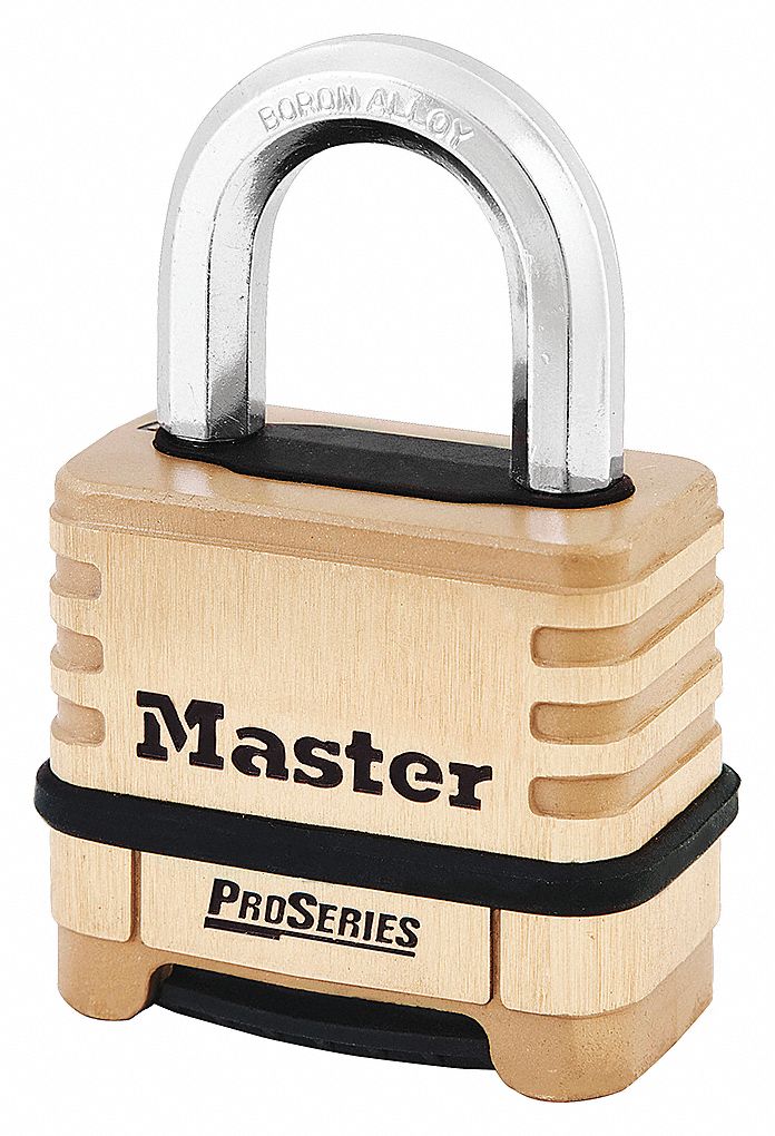 COMBINATION PADLOCK,DIFFERENT,SHACKLE 15/16 X 1 1/6 X 5/16 IN,BODY 2 1/4 IN W,BRASS/BORON CARBIDE