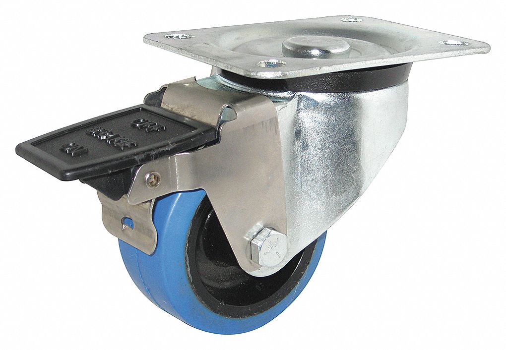 SWIVEL WHEEL PLATE CASTER, BRAKE, BLUE, 1 1/4 X 3 IN, ELASTIC RUBBER