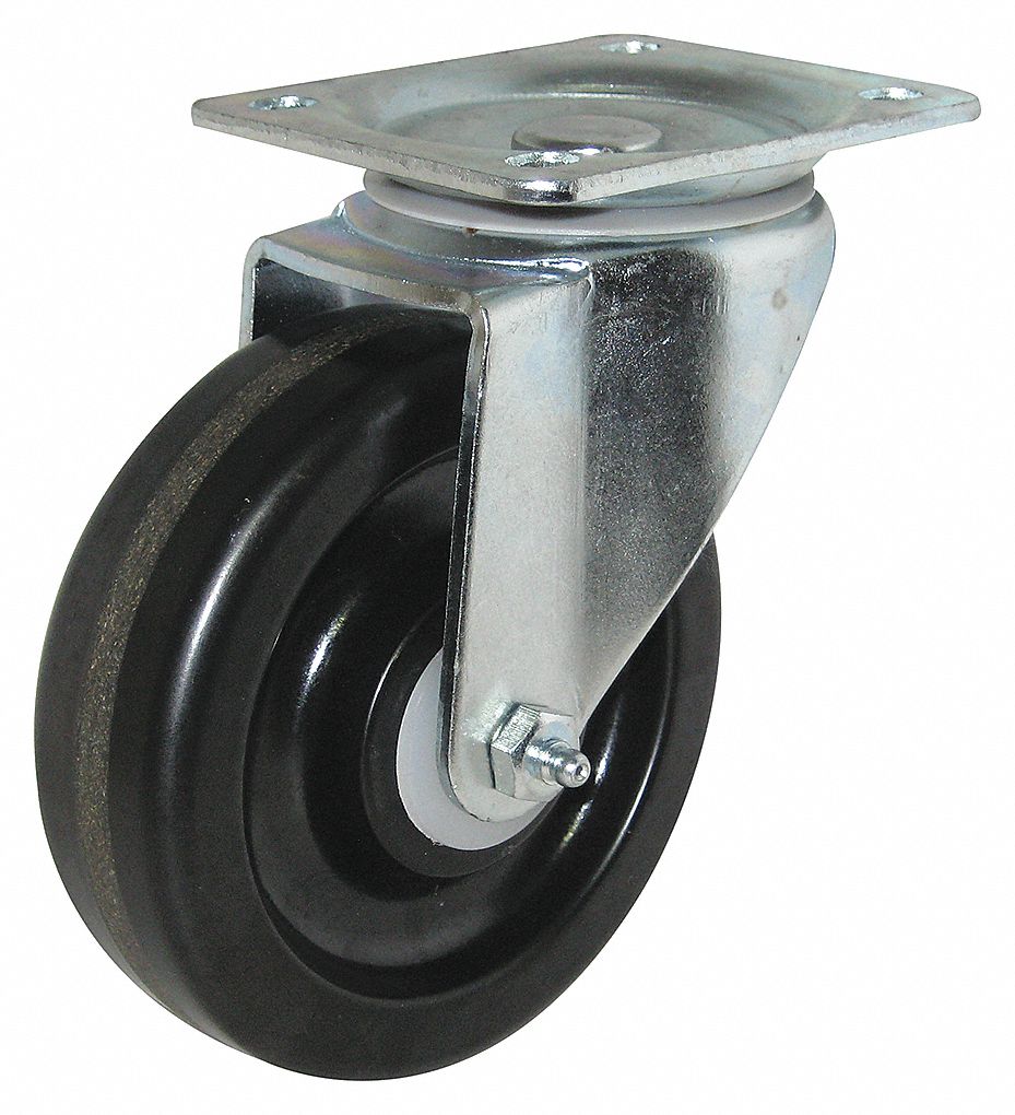 PLATE CASTER, SWIVEL, SILVER, LD CAP 500 LB, WHEEL SZ 1 1/2 X 5 IN, STEEL/ZINC/RUBBER