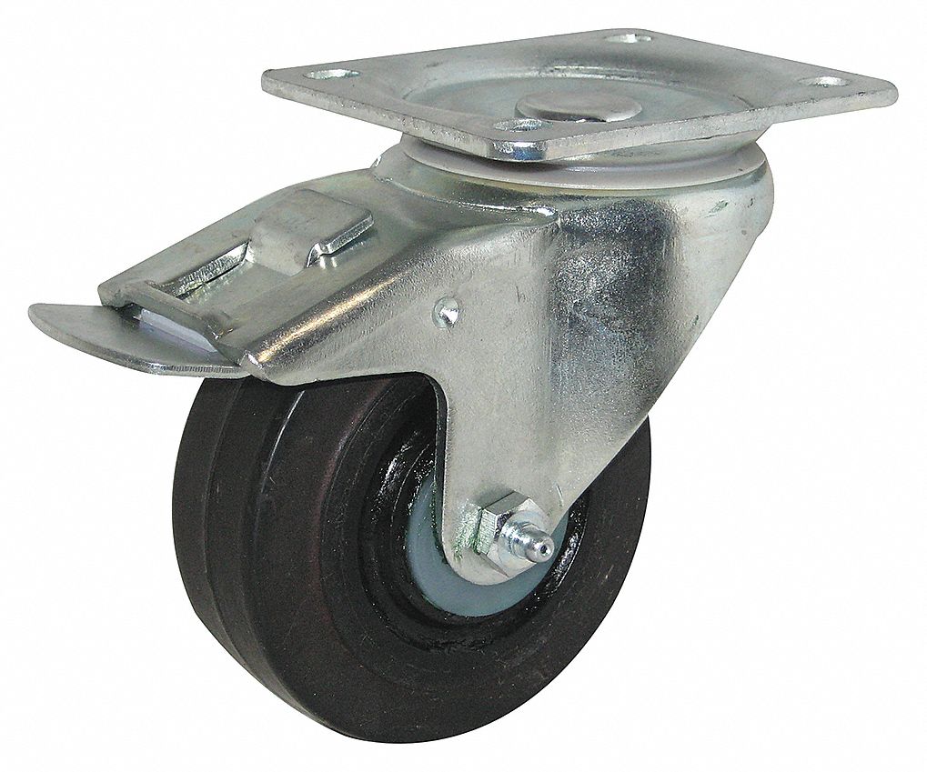 CASTER, SWIVEL, BRAKE, LOAD 400 LBS, 4 1/8 IN X 3 3/8IN, WHEEL 1 1/2 IN WIDTH X 4 IN DIA, CAST IRON