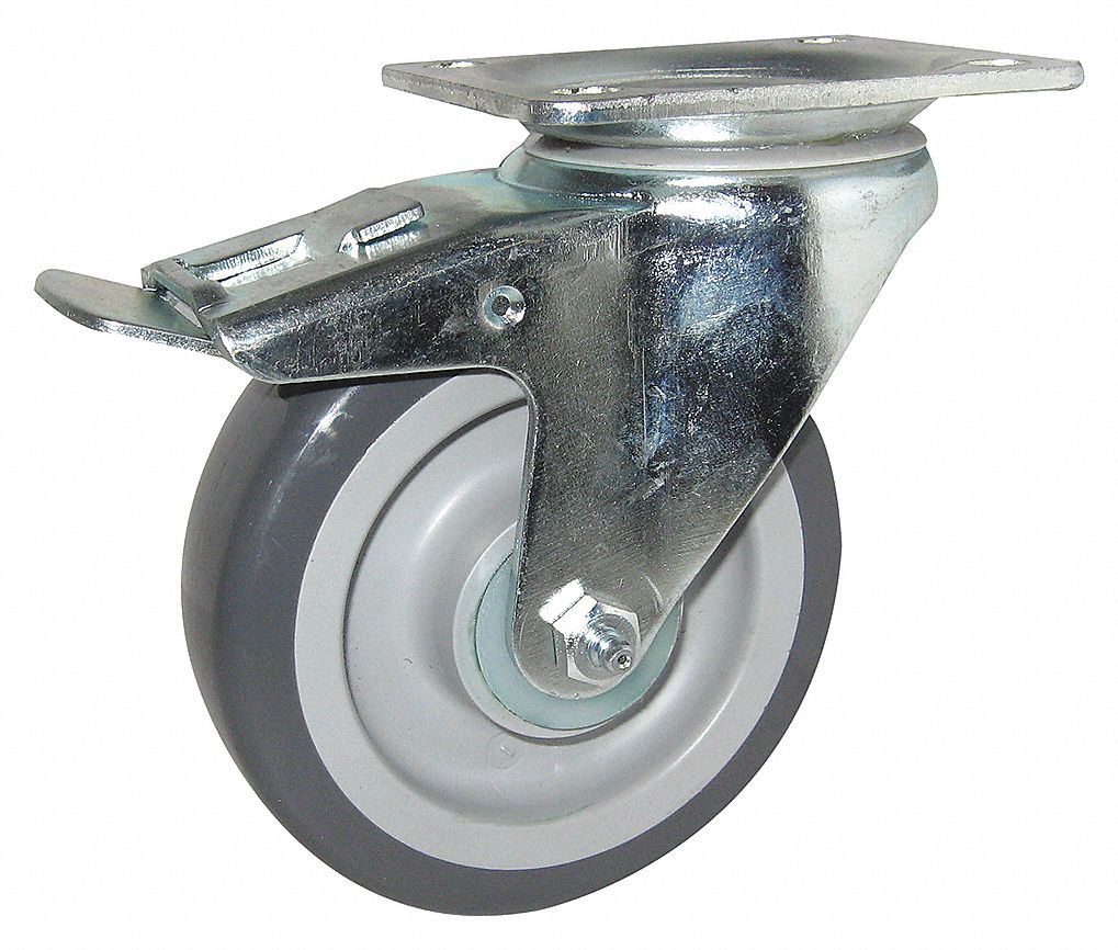 CASTER, SWIVEL, WHEEL BRAKE, GREY, LD CAP 450 LB, WHEEL SZ 1 1/2 X 5 IN, STEEL/ZINC