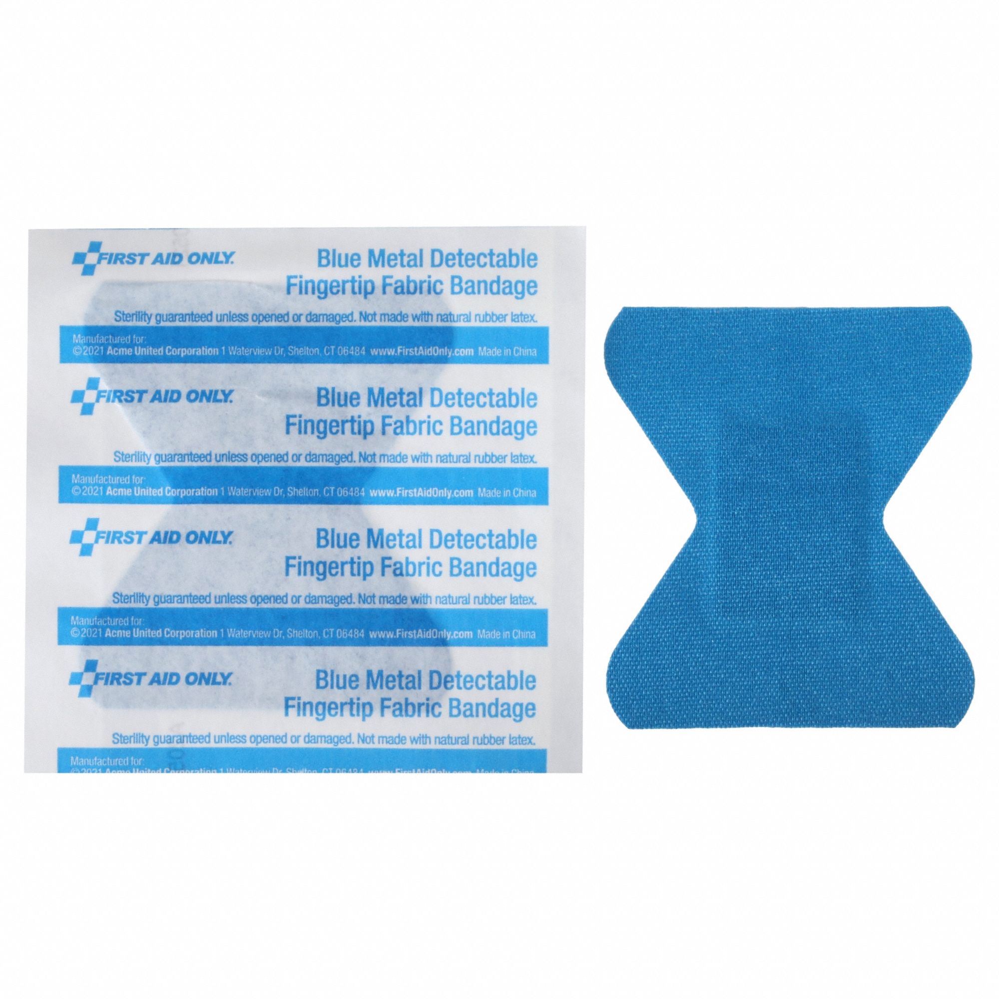 Adhesive Bandage: Fingertip Bandages, 1 3/8 in Wd, 2 in Lg, Metal Detectable, Fabric
