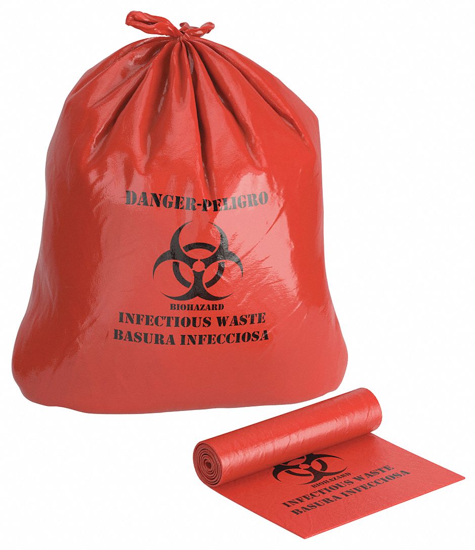 Biohazard Bags: 33 gal Capacity, 33 in Overall Wd, 40 in Overall Ht, HDPE, Red, 250 PK