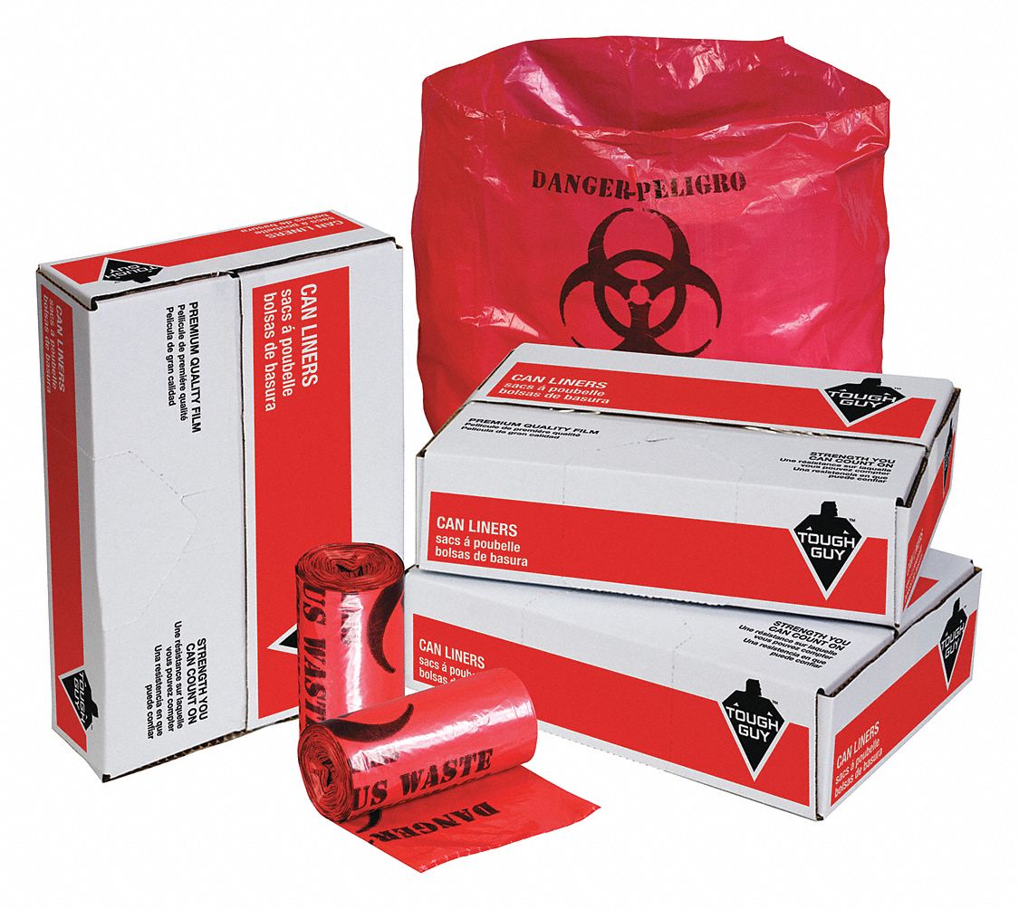 TOUGH GUY Biohazard Bags, 7 gal, LLDPE, Red, Infectious Waste, PK 250