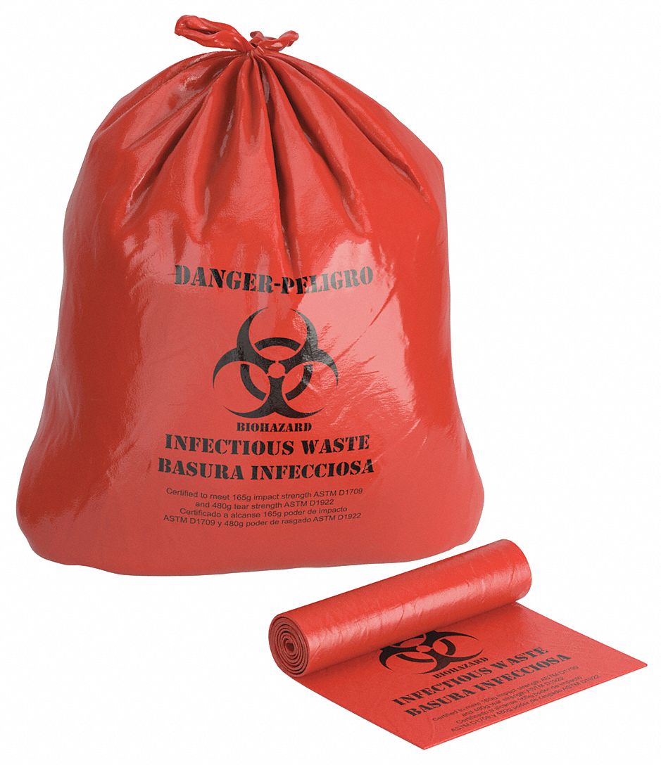 Biohazard Bags: 44 gal Capacity, 37 in Overall Wd, 50 in Overall Ht, LLDPE, Red, 25 PK