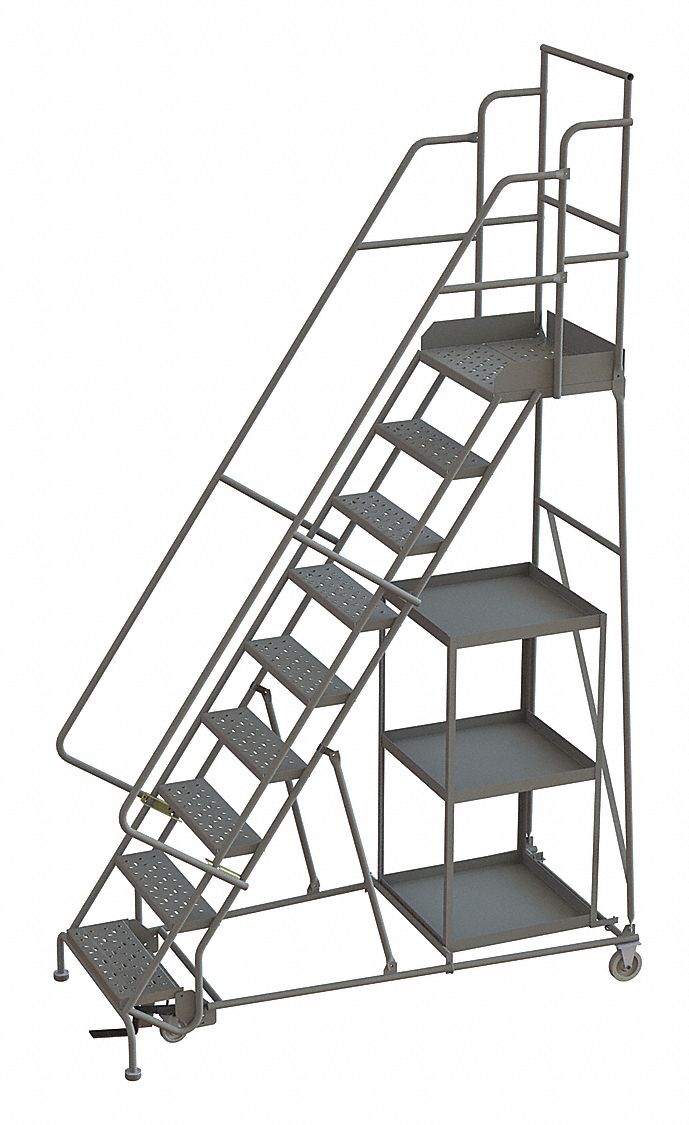 Rolling Ladder: 7.5 ft Platform Ht, Unassembled, Foot-Activated Step Lock, Steel, Perforated