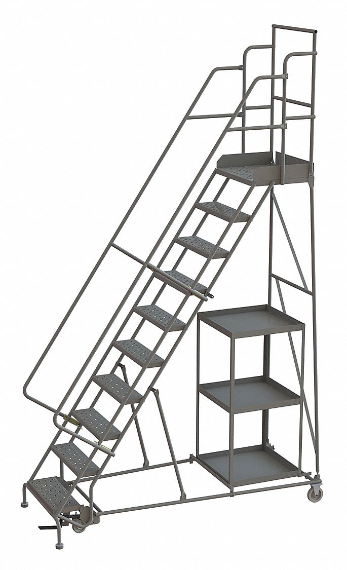 Rolling Ladder: 8.3 ft Platform Ht, Unassembled, Foot-Activated Step Lock, Steel, Perforated