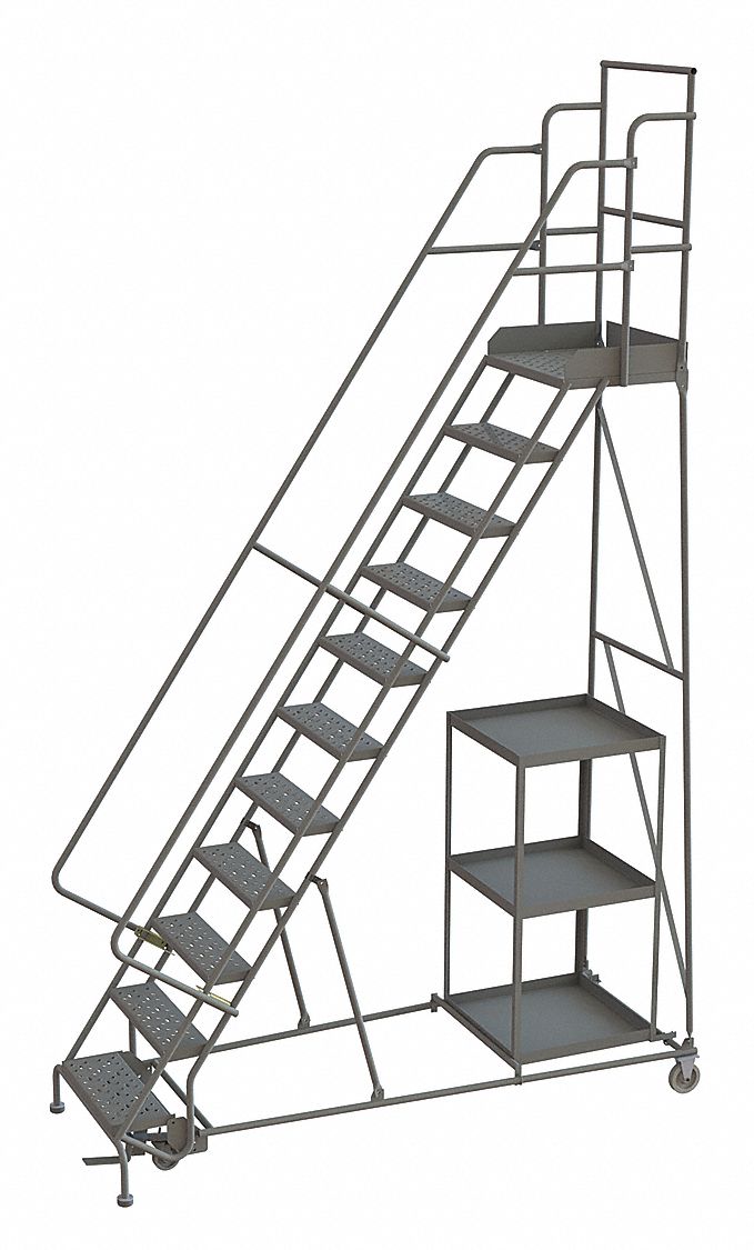 Rolling Ladder: 9.2 ft Platform Ht, Unassembled, Foot-Activated Step Lock, Steel, Perforated