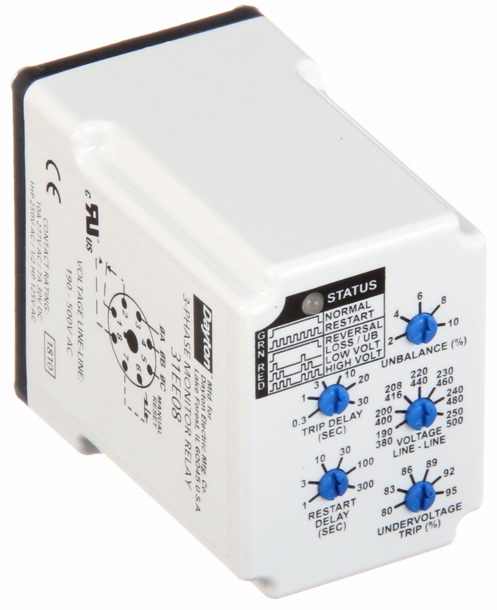 DAYTON Phase Monitor Relay, 190 to 500V AC, 10A @ 277V, 7A @ 30V, 8 ...