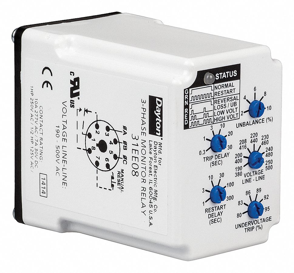 DAYTON Phase Monitor Relay, 190 to 500V AC, 10A @ 277V, 7A @ 30V, 8 ...