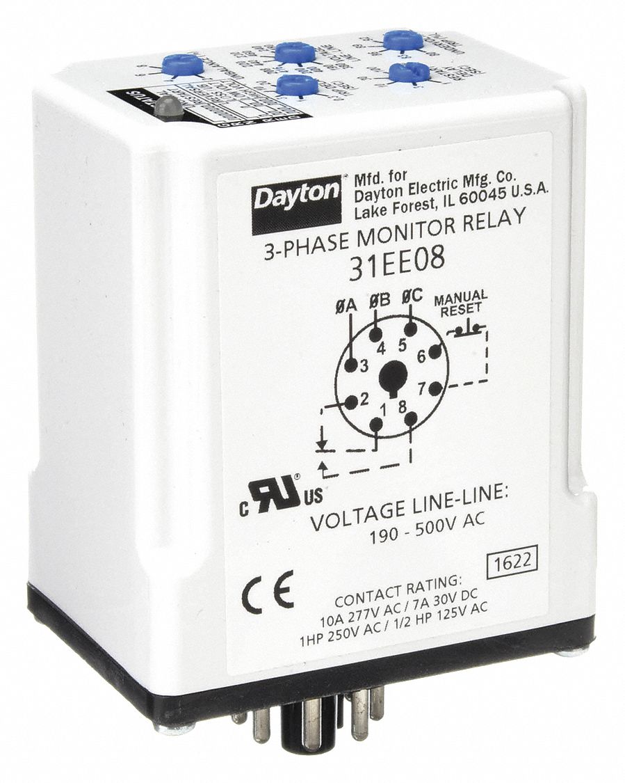 Dayton Phase Monitor Relay, 190 to 500VAC, 10A @ 277V, 7A ...