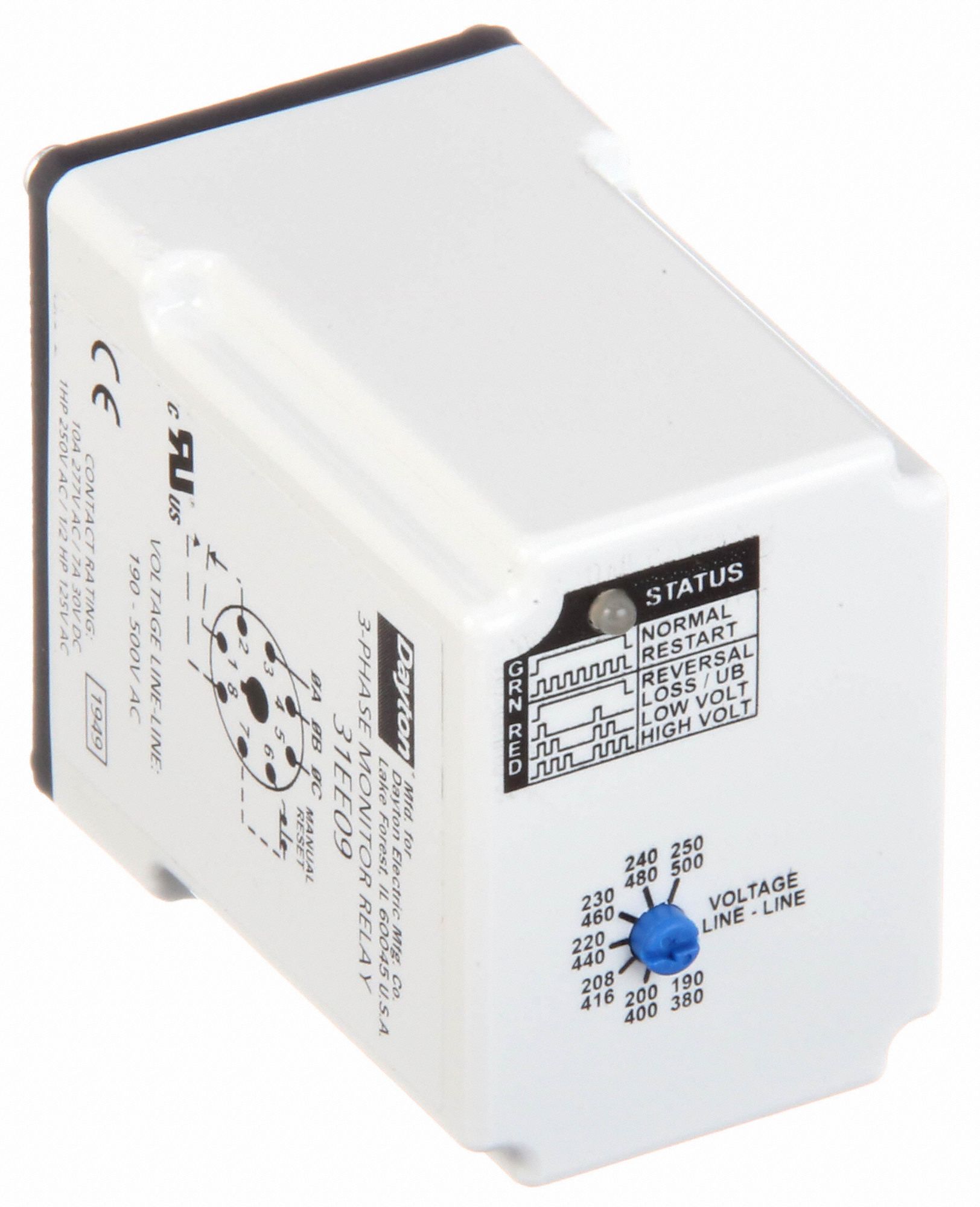 DAYTON Phase Monitor Relay, 190 to 500V AC, 10A @ 277V, 7A @ 30V, 8 ...