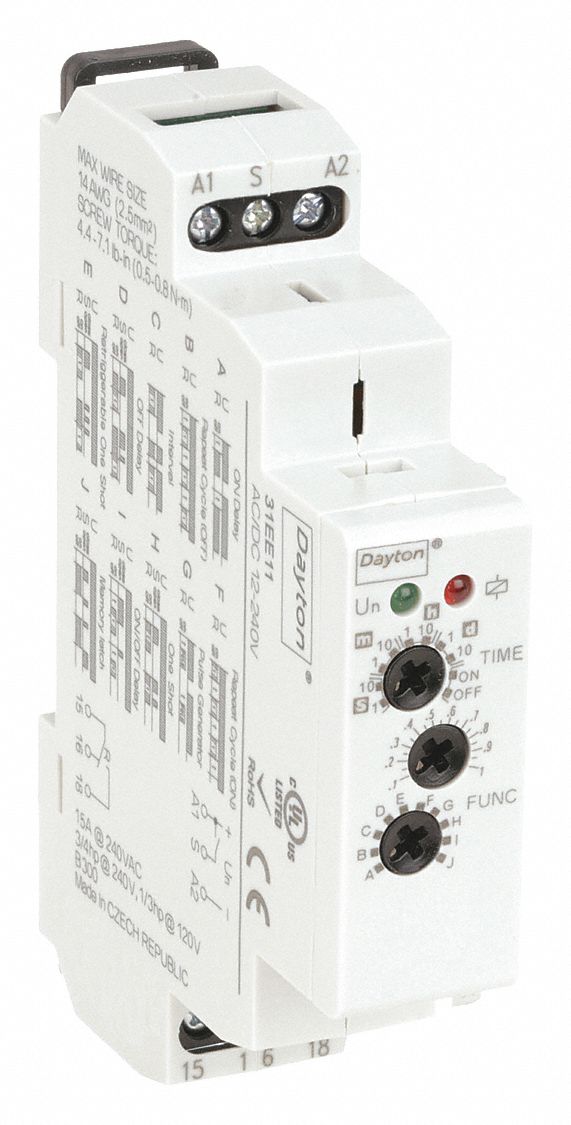 MULTI-FUNCTION TIME DELAY RELAY, DIN-RAIL MOUNTED, 12 TO 240V AC/DC, 15 A, 6 PINS/TERMINALS