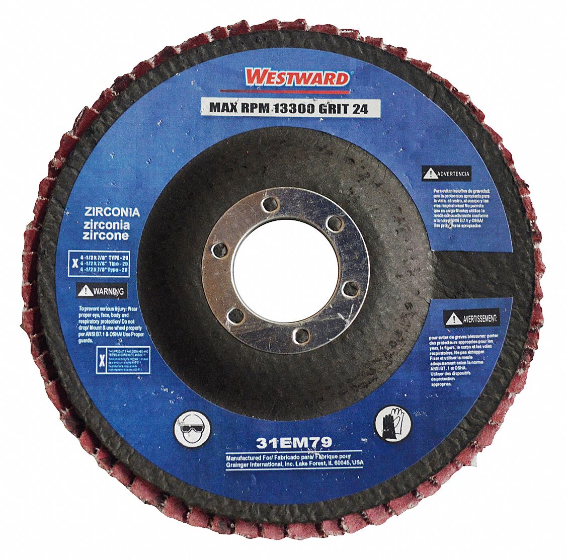 WESTWARD Type 29, Flap Disc, Zirconia Alumina, 4 1/2 in Disc Diameter