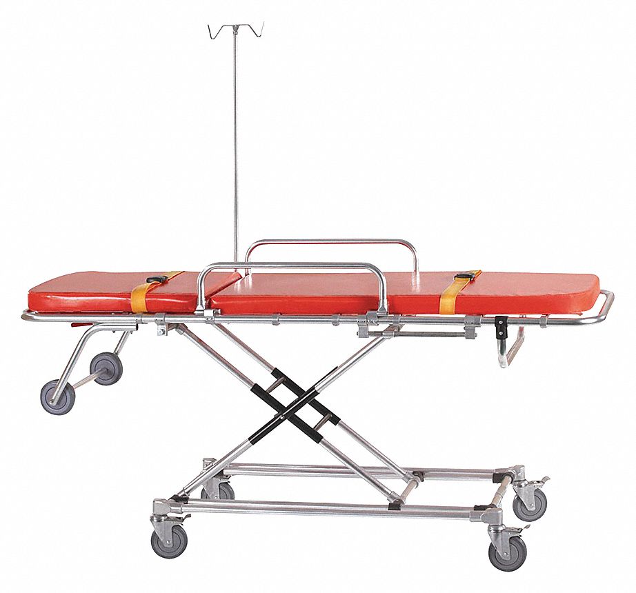 AMBULANCE STRETCHER, BED-TYPE, CAP 350 LB, ORANGE, 76 X 22 1/2 X 76 IN, DEPTH 10 1/2 IN, AL