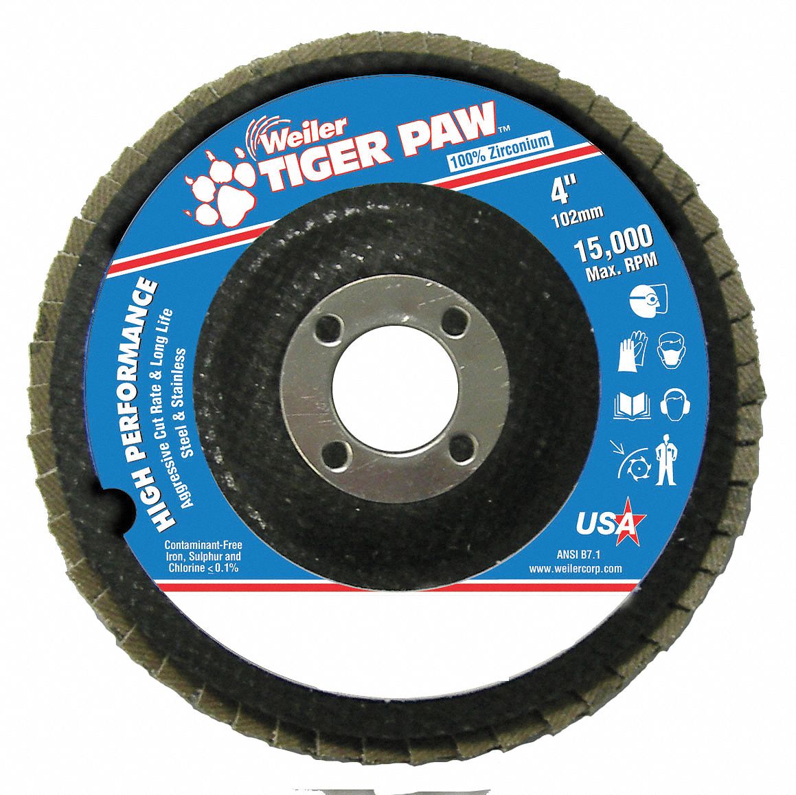 Flap Disc: Type 29, 4" x 5/8", Zirconia Alumina, 40 Grit, Phenolic Bk, Std Density, Tiger Paw