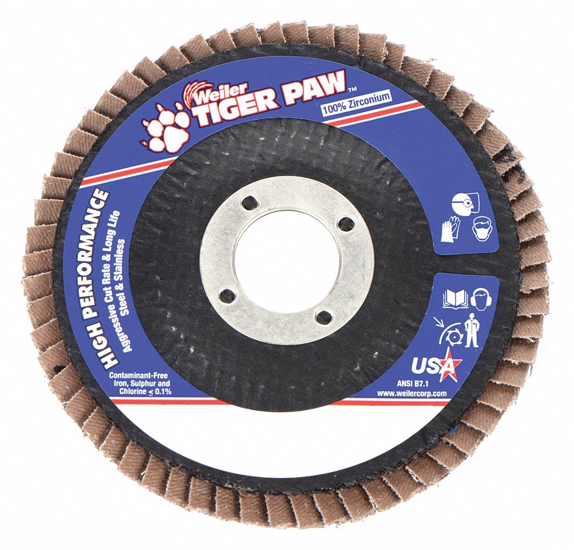 Flap Disc: Type 27, 4-1/2" x 7/8", Zirconia Alumina, 36 Grit, Phenolic Bk, Std Density