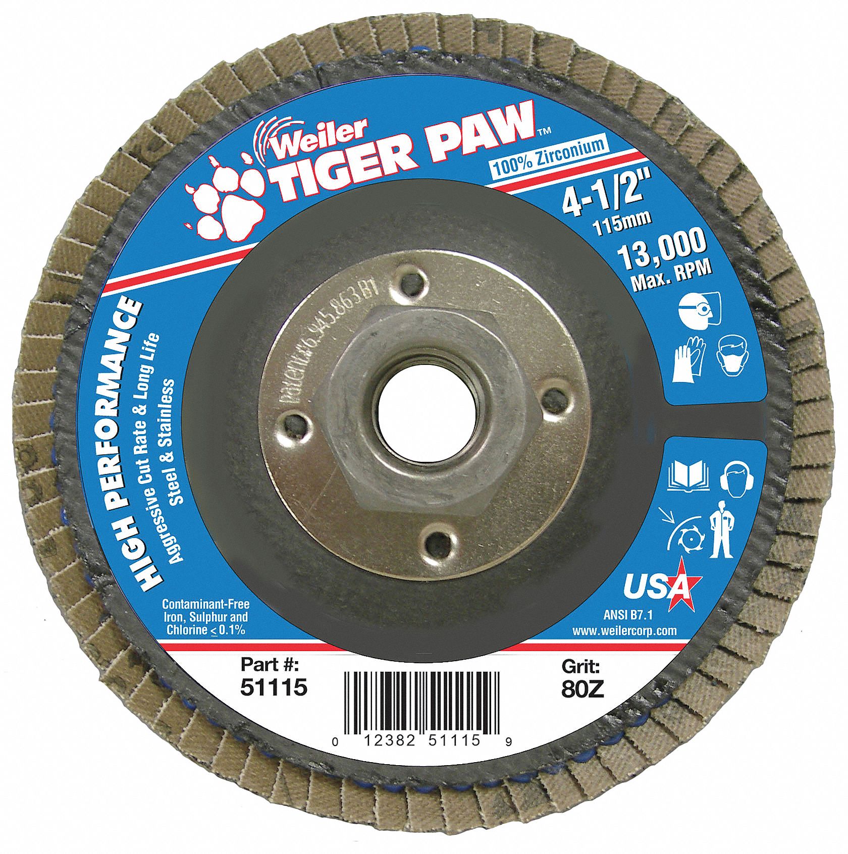 Flap Disc: Type 27, 4-1/2" x 5/8"-11, Zirconia Alumina, 80 Grit, Phenolic Bk, Std Density