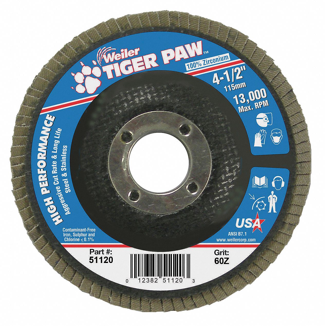 Flap Disc: Type 29, 4-1/2" x 7/8", Zirconia Alumina, 60 Grit, Phenolic Bk, Std Density