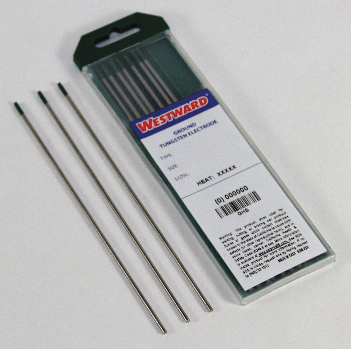 WESTWARD Tungsten Electrode Pure Tungsten, 3/32 in x 7 in, Green, EWP, 10 PK 31GH9531GH95