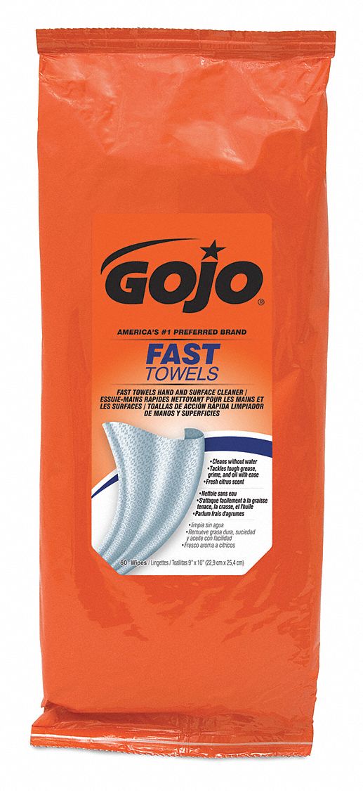 GOJO FAST TOWELS: Packet, 9 in x 10 in Sheet Size, 60 Wipes per Container, 6 PK