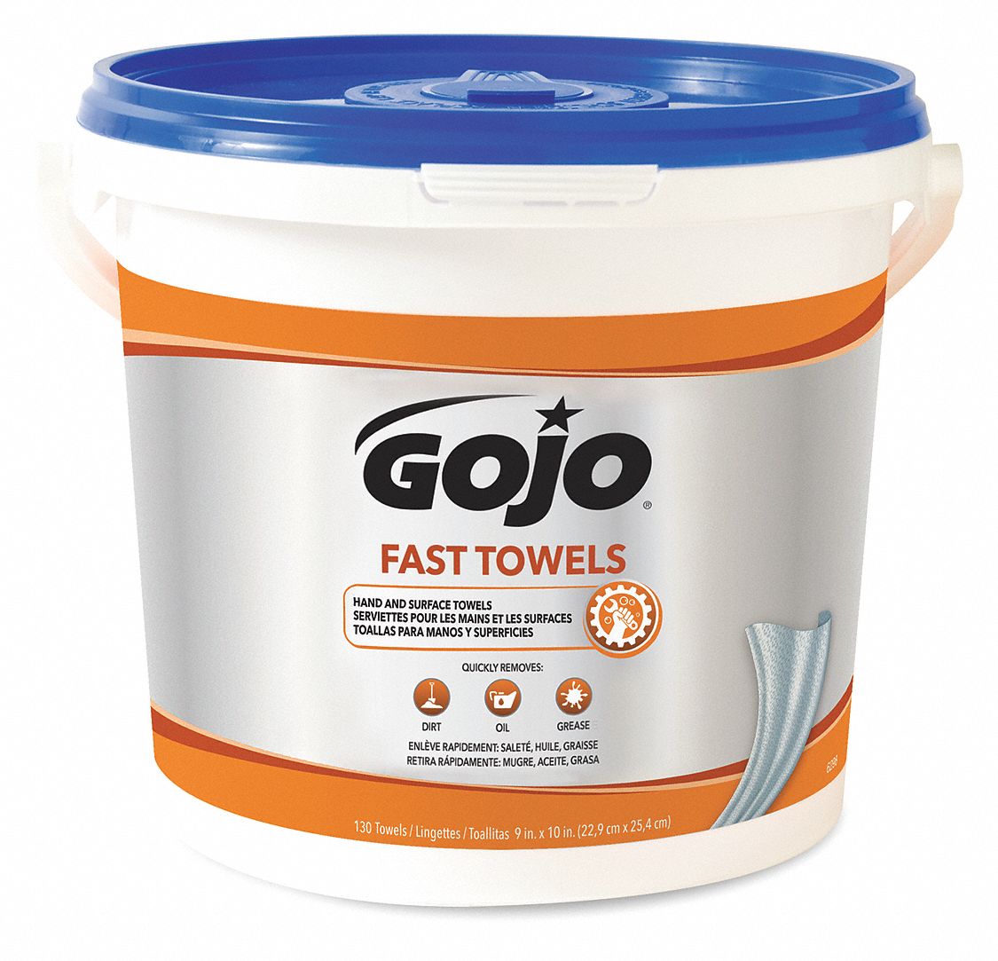 GOJO Fast Towels: Bucket, 9 in x 10 in Sheet Size, 130 Wipes per Container, 4 PK