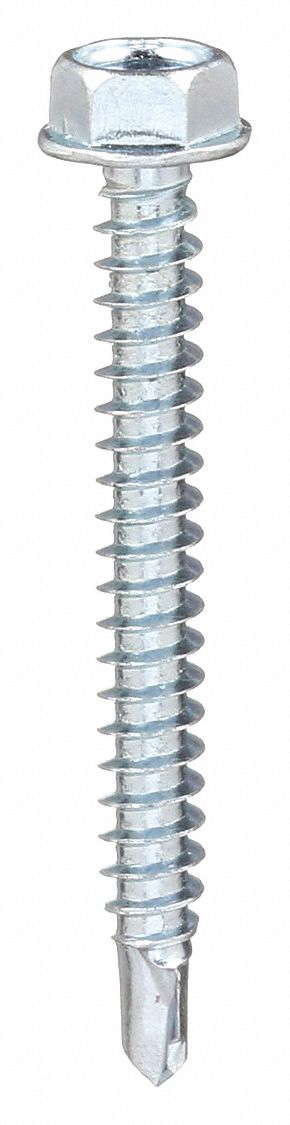 SELF DRILLING TAPPING SCREW, SIZE #10, 1½ IN L, STEEL, ZINC PLATED, HEX WASHER, 100 PK