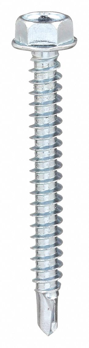 SELF DRILLING TAPPING SCREW, ¼ IN SIZE, 2½ IN L, STEEL, ZINC PLATED, HEX WASHER, HEX, 50 PK