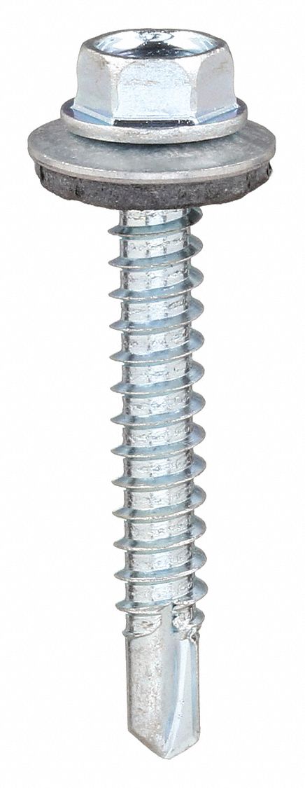 SELF DRILLING TAPPING SCREW, SIZE #10, 1¼ IN L, STEEL, ZINC PLATED, HEX WASHER, HEX, 100 PK