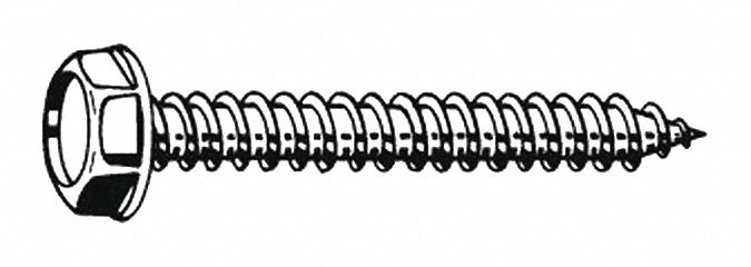 Sheet Metal Screw: #10 Size, 2 in Lg, Steel, Zinc-Plated, Slotted, Hex Washer, 100 PK