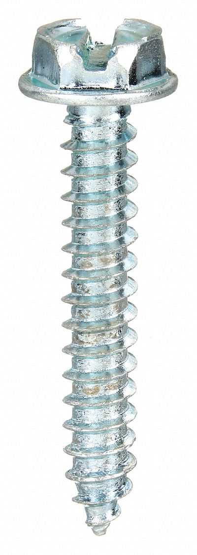 Sheet Metal Screw: #10 Size, 1 in Lg, Steel, Zinc-Plated, Slotted, Hex Washer, 100 PK