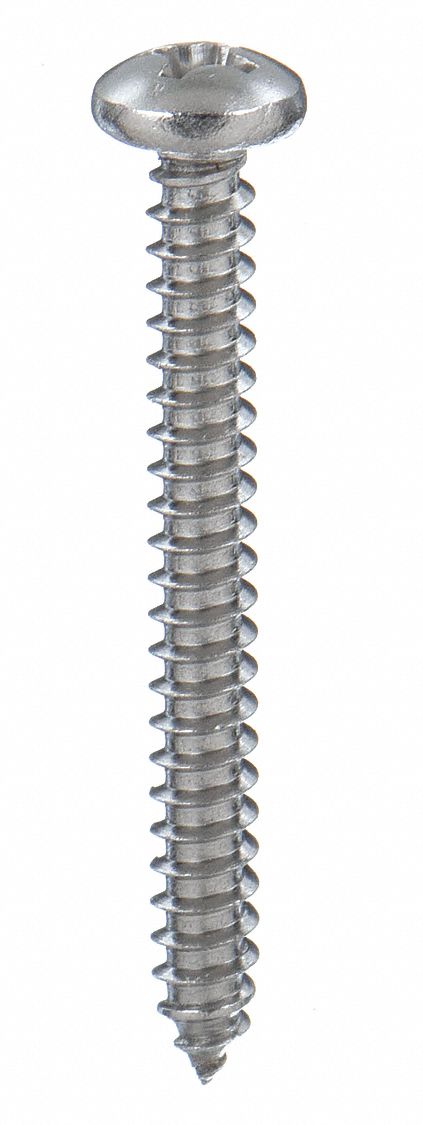 TAPPING SHEET METAL SCREW, SIZE #8, 1½ IN L, 18-8 SS, PLAIN FINISH, PAN, AB, 100 PK