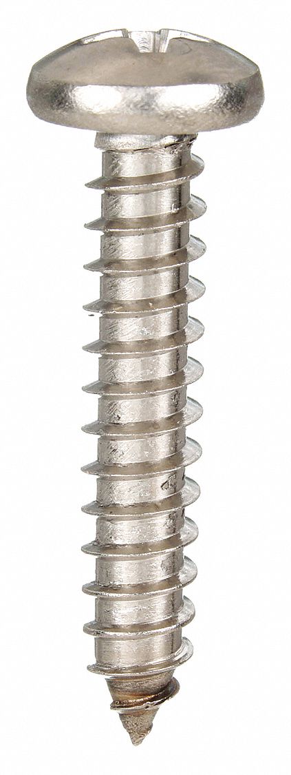 Sheet Metal Screw: #10 Size, 1 1/2 in Lg, Stainless Steel, Plain, Phillips, Pan, 100 PK